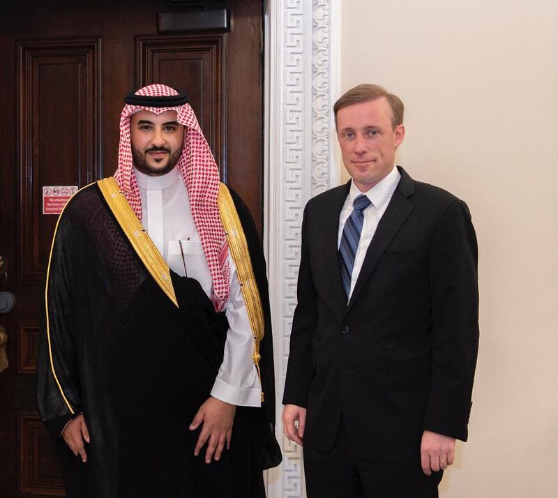Prince Khalid bin Salman, Saudi Arabia's Vice Minister of Defence, meets Jake Sullivan, White House National Security Advisor to US President Joe Biden.
.