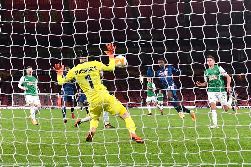 Arsenal's Eddie Nketiah scores their third goal. Getty