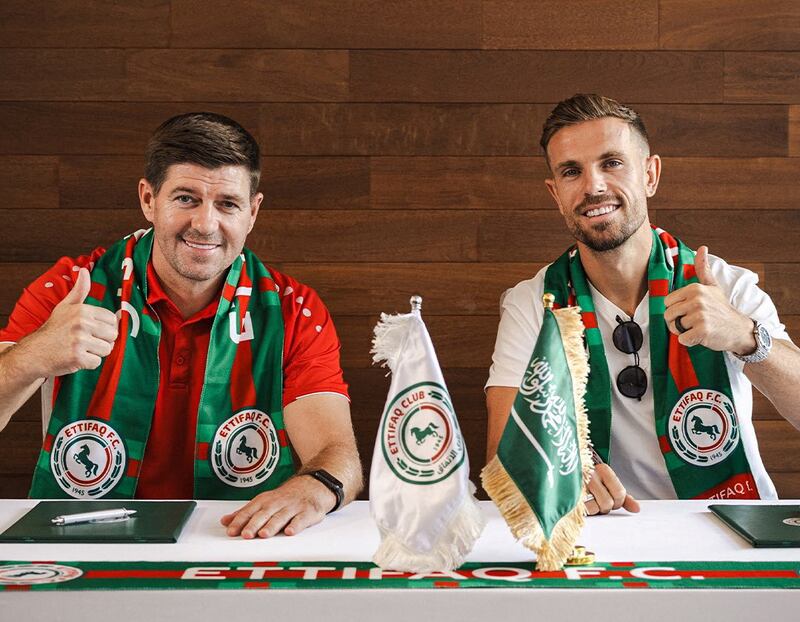 Al Ettifaq coach Steven Gerrard, left, poses for a photograph with Jordan Henderson after the England midfielder signed from Liverpool. Handout photo