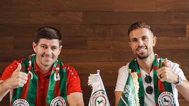 Al Ettifaq coach Steven Gerrard, left, poses for a photograph with Jordan Henderson after the England midfielder signed from Liverpool. Handout photo