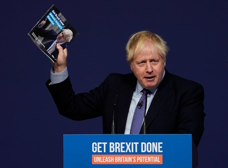 epa08022273 British Prime Minister Boris Johnson announces the Conservative party manifesto, in Telford, West Midlands, Britain, 24 November 2019. Britons will go to the polls in a general election on 12 December.  EPA/WILL OLIVER