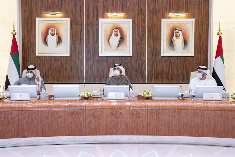 Sheikh Mohammed bin Rashid chairs a UAE Cabinet meeting on Sunday. Pictured with Sheikh Mansour bin Zayed, Deputy Prime Minister and Minister of Presidential Affairs, and Mohammed Gergawi, Minister of Cabinet Affairs. Courtesy: Sheikh Mohammed bin Rashid Twitter