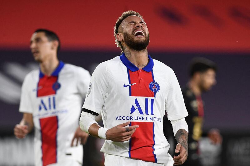Neymar reacts after missing a chance during Paris Saint-Germain's Ligue 1 draw with Rennes on Sunday, May 9. AFP