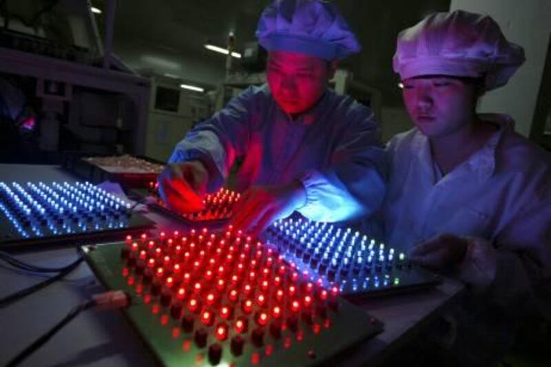 Workers test low energy consumption (LED) light bulbs at a factory in Nanjing, Jiangsu province October 23, 2009. China's industrial output in September probably grew by 14.1 percent from a year earlier, a central bank official was cited as saying by state media. REUTERS/Sean Yong (CHINA) *** Local Caption ***  PEK14_CHINA-_1023_11.JPG