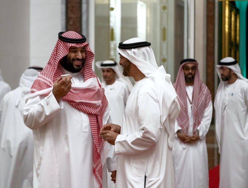 ABU DHABI, UNITED ARAB EMIRATES - November 25, 2018: HH Sheikh Mohamed bin Zayed Al Nahyan, Crown Prince of Abu Dhabi and Deputy Supreme Commander of the UAE Armed Forces (2nd L) bids farewell HRH Prince Mohamed bin Salman bin Abdulaziz, Crown Prince, Deputy Prime Minister and Minister of Defence of Saudi Arabia (L), at the Presidential Airport.
( Mohamed Al Hammadi / Ministry of Presidential Affairs )
---