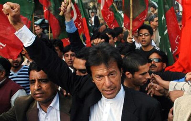 Imran Khan at a protest against the detention of deposed chief justice Muhammad Chaudhry in Lahore in February 2008. Khan's participation in such rallies represented a reversal of his initial support for Pervez Musharaf's emergency rule.