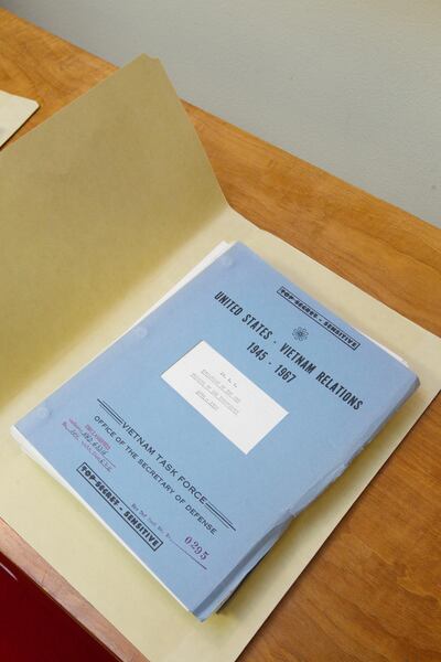 The Lyndon Baines Johnson (LBJ) Library in Austin displays one of a half-dozen known original sets of the Pentagon Papers, portions of which were leaked 40 years ago this week by military analyst Danile Ellsberg and publsihed by the New York Times and the Washington Post. Much of the information has already been made public but LBJ researchers estimate 25% will be previously unreleased information. (Photo by Robert Daemmrich Photography Inc/Corbis via Getty Images)