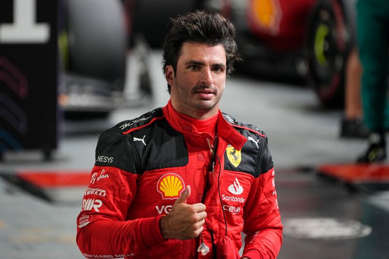 Ferrari driver Carlos Sainz after securing pole position at the Singapore Grand Prix at the Marina Bay circuit on September 16, 2023. AP