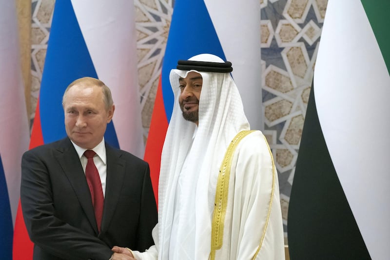 ABU DHABI, UNITED ARAB EMIRATES - October 15, 2019: HH Sheikh Mohamed bin Zayed Al Nahyan, Crown Prince of Abu Dhabi and Deputy Supreme Commander of the UAE Armed Forces (R) and HE Vladimir Putin Vladimirovich, President of Russia (L), stand for a photograph during a state visit reception at Qasr Al Watan. 

( Rashed Al Mansoori / Ministry of Presidential Affairs )
---