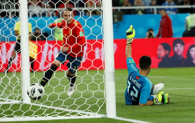 Soccer Football - World Cup - Group B - Spain vs Morocco - Kaliningrad Stadium, Kaliningrad, Russia - June 25, 2018   Spain's Iago Aspas scores their second goal     REUTERS/Gonzalo Fuentes