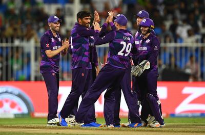 Hamza Tahir, pictured during the T20 World Cup match against Pakistan, continues to shine for Scotland during their Cricket World Cup League 2 tri-series in Dubai. Getty