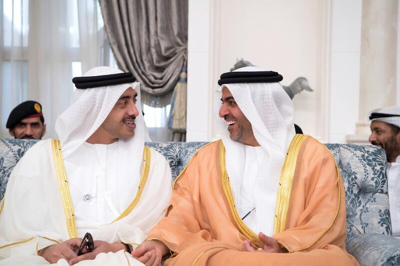 ABU DHABI, UNITED ARAB EMIRATES - June 15, 2018: HH Sheikh Abdullah bin Zayed Al Nahyan, UAE Minister of Foreign Affairs and International Cooperation (L) and HH Sheikh Hamed bin Zayed Al Nahyan, Chairman of the Crown Prince Court of Abu Dhabi and Abu Dhabi Executive Council Member (R), attend an Eid Al Fitr reception at Mushrif Palace. 

( Saeed Al Neyadi / Crown Prince Court - Abu Dhabi )
---