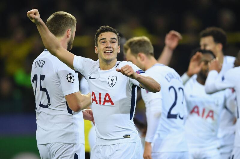 DORTMUND, GERMANY - NOVEMBER 21:  Harry Winks of Tottenham Hotspur celebrates the 2nd Tottenham goal during the UEFA Champions League group H match between Borussia Dortmund and Tottenham Hotspur at Signal Iduna Park on November 21, 2017 in Dortmund, Germany.  (Photo by Stuart Franklin/Getty Images)