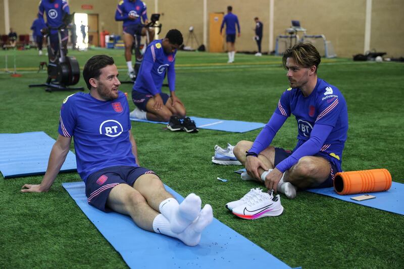 MIDDLESBROUGH, ENGLAND - JUNE 04: Ben Chilwell and Jack Grealish of England speak during the England training session on June 04, 2021 in Middlesbrough, England. (Photo by Eddie Keogh - The FA/The FA via Getty Images)