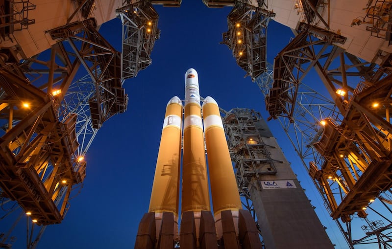 This photo released by NASA shows the United Launch Alliance Delta IV Heavy rocket with the Parker Solar Probe onboard shortly after the Mobile Service Tower was rolled back. AFP/NASA