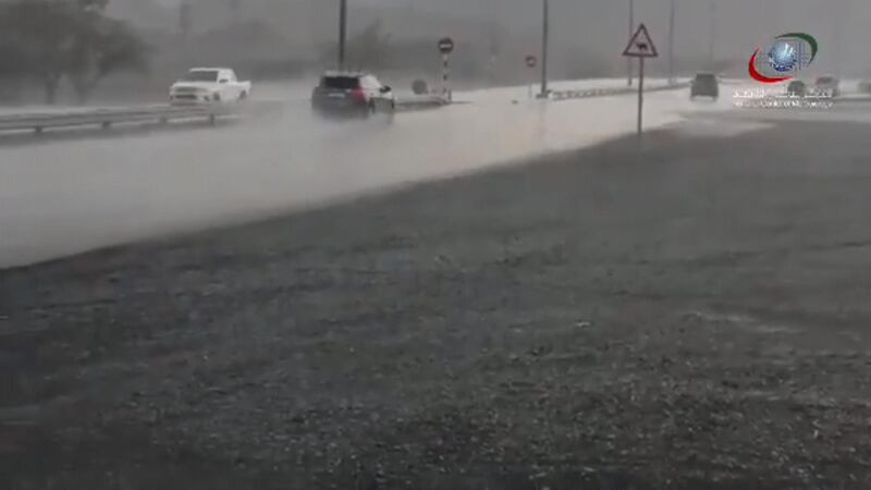 Rain falls over a road in Masafi, Ras Al Khaimah. Courtesy: National Centre of Meteorology