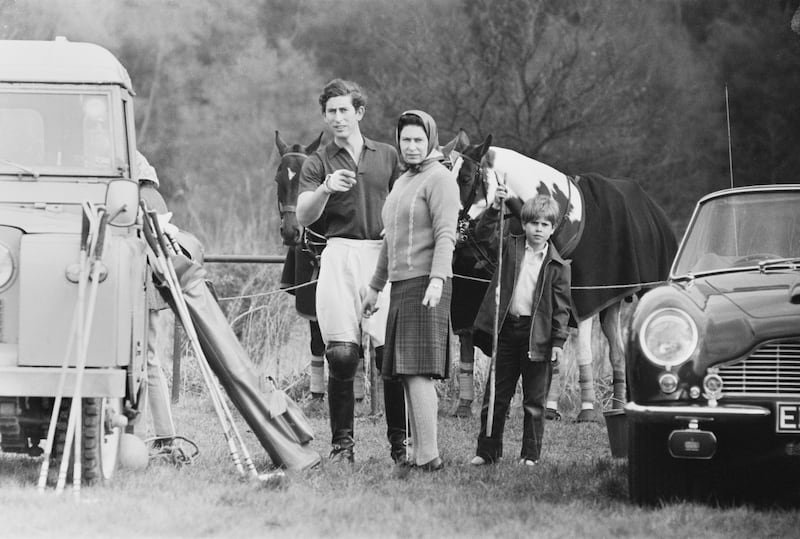 Prince Charles at a polo event in Windsor Great Park, accompanied by the queen and Prince Edward, in 1971