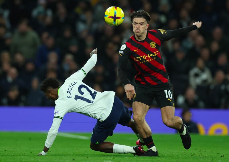 Emerson Royal of Tottenham in action against Jack Grealish. EPA