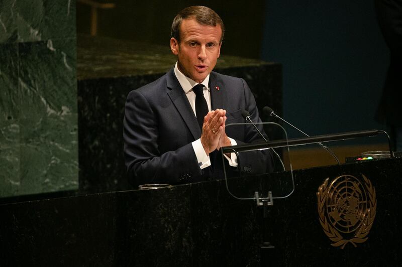 Emmanuel Macron, France's president, speaks during the UN General Assembly meeting in New York, U.S., on Tuesday, Sept. 24, 2019. Macron laid out what he says are the conditions for dialing back tensions with Iran, calling on the U.S. and the Islamic Republic's regional rivals to show "the courage of building peace." Photographer: Jeenah Moon/Bloomberg