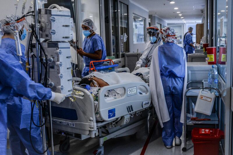 Medical workers in Bogota in May. The new coronavirus variant detected for the first time in Colombia and called "Mu" caused the deadliest wave of the pandemic in the country, authorities said. AFP