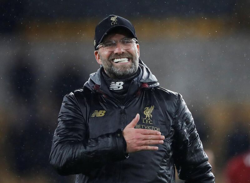 Soccer Football - Premier League - Wolverhampton Wanderers v Liverpool - Molineux Stadium, Wolverhampton, Britain - December 21, 2018  Liverpool manager Juergen Klopp celebrates at the end of the match   Action Images via Reuters/Carl Recine  EDITORIAL USE ONLY. No use with unauthorized audio, video, data, fixture lists, club/league logos or "live" services. Online in-match use limited to 75 images, no video emulation. No use in betting, games or single club/league/player publications.  Please contact your account representative for further details.