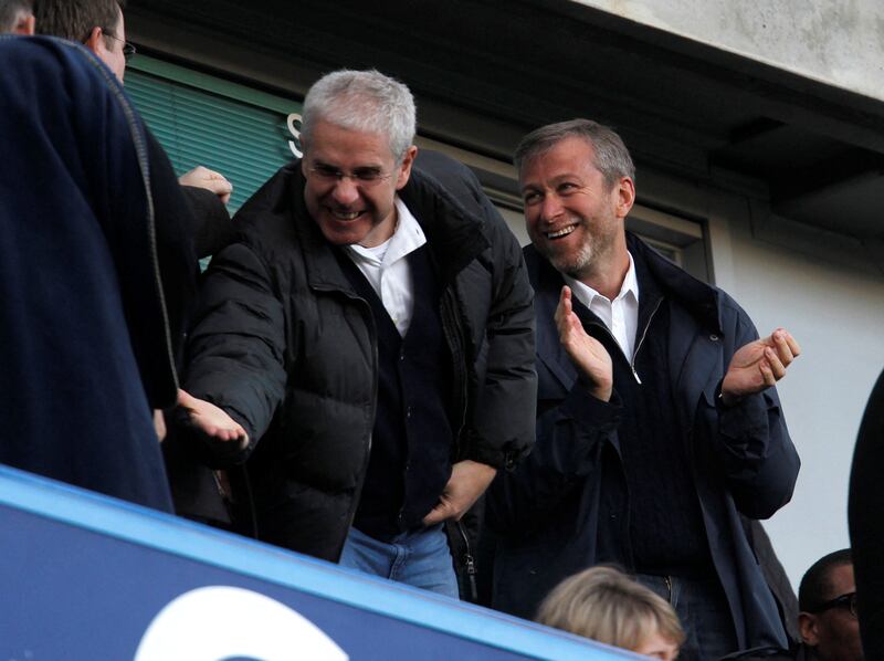 Chelsea owner Roman Abramovich, right, and director Eugene Tenenbaum celebrate a goal in 2012. Reuters