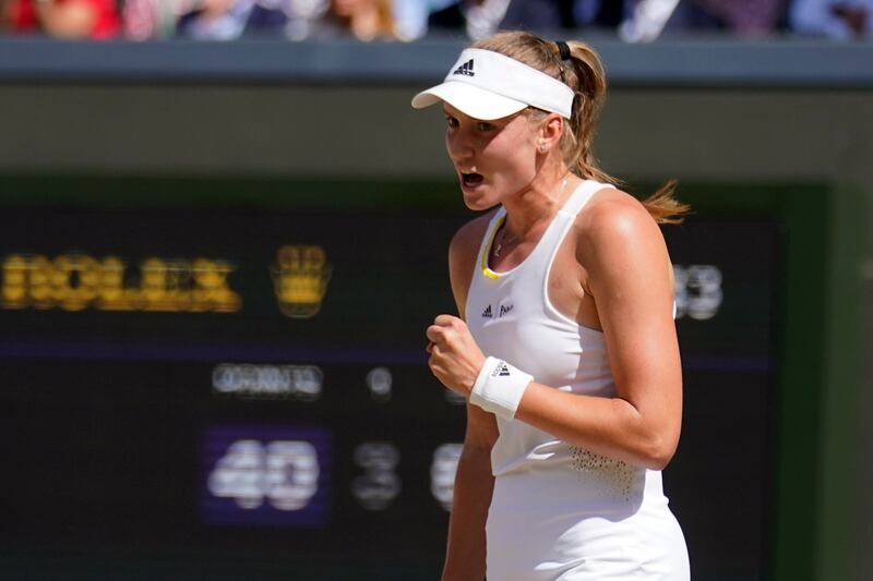 Kazakhstan's Elena Rybakina celebrates winning a point. AP