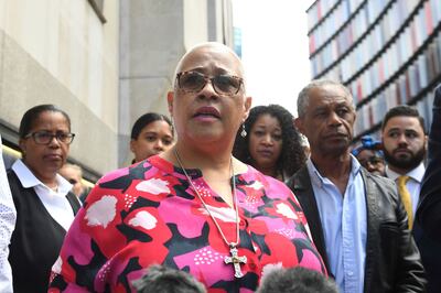 Mina Smallman, the mother of Bibaa Henry and Nicole Smallman, speaks outside the Old Bailey in London. AP