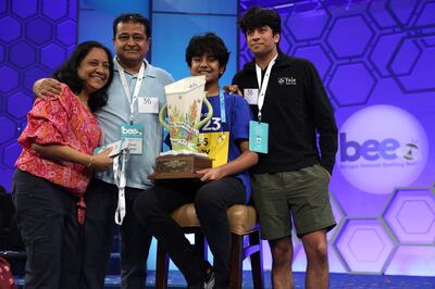 Dev Shah celebrates with his family after he won the 2023 Scripps National Spelling Bee. AFP