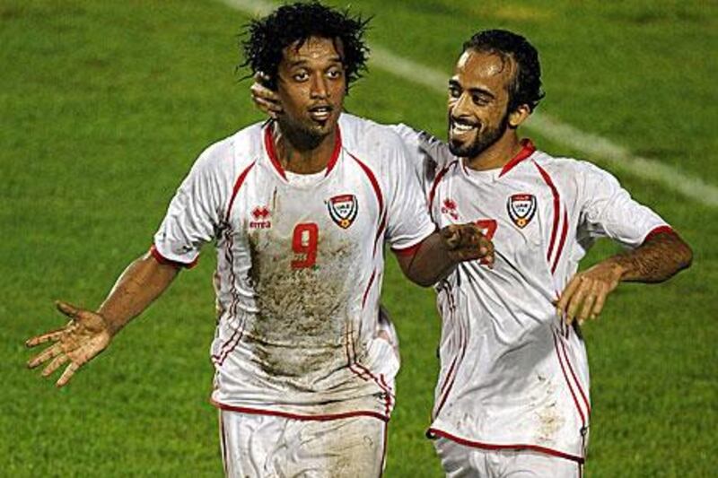 The youthful Mohamed Al Shehhi, left, and teammate Ali Al Wehaibi were part of the Asian zone qualifying second round match against India in New Delhi.