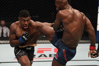 Joaquin Buckley, left, throws a punch at Impa Kasanganay during their middleweight at UFC Fight Night in Abu Dhabi. Josh Hedges / Zuffa LLC