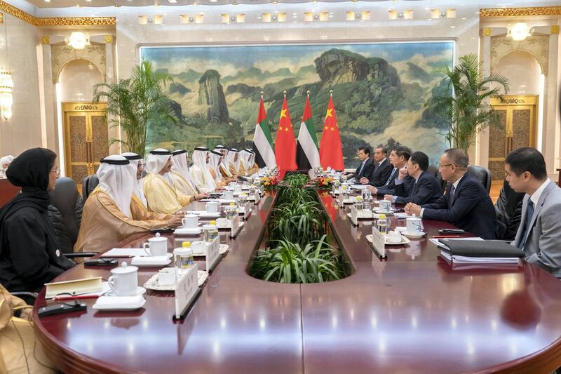 BEIJING, CHINA - July 22, 2018: HH Sheikh Mohamed bin Zayed Al Nahyan, Crown Prince of Abu Dhabi and Deputy Supreme Commander of the UAE Armed Forces (6th L), meets with HE Li Keqiang, Premier of the State Council of China (5th L), at the Great Hall of the People. Seen with HE Noura Mohamed Al Kaabi, UAE Minister of Culture and Knowledge Development (L), HE Ali Mohamed Hammad Al Shamsi, Deputy Secretary-General of the UAE Supreme National Security Council (3rd L), HH Sheikh Abdullah bin Zayed Al Nahyan, UAE Minister of Foreign Affairs and International Cooperation (5th L), HH Lt General Sheikh Saif bin Zayed Al Nahyan, UAE Deputy Prime Minister and Minister of Interior (6th L), HH Sheikh Hamed bin Zayed Al Nahyan, Chairman of the Crown Prince Court of Abu Dhabi and Abu Dhabi Executive Council Member (7th L), HE Khaldoon Khalifa Al Mubarak, CEO and Managing Director Mubadala, Chairman of the Abu Dhabi Executive Affairs Authority and Abu Dhabi Executive Council Member (8th L), HE Sultan bin Saeed Al Mansouri, UAE Minister of Economy (9th L) and HE Dr Sultan Ahmed Al Jaber, UAE Minister of State, Chairman of Masdar and CEO of ADNOC Group (10th L).

( Rashed Al Mansoori / Ministry of Presidential Affairs )
---