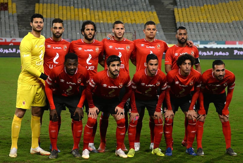 epa07474218 Al Ahly players pose prior to the Egyptian Premier League soccer match between Al-Ahly and Al-Zamalek at Borg Al Arab stadium, Egypt, 30 March 2019.  EPA/Mohamed Hossam