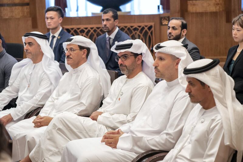 BEIJING, CHINA - July 23, 2019: (front L-R) HH Lt General Sheikh Saif bin Zayed Al Nahyan, UAE Deputy Prime Minister and Minister of Interior, HE Sultan bin Saeed Al Mansouri, UAE Minister of Economy, HH Sheikh Hamed bin Zayed Al Nahyan, Chairman of the Crown Prince Court of Abu Dhabi and Abu Dhabi Executive Council Member, HE Khaldoon Khalifa Al Mubarak, CEO and Managing Director Mubadala, Chairman of the Abu Dhabi Executive Affairs Authority and Abu Dhabi Executive Council Member and HE Ali Mohamed Hammad Al Shamsi, Deputy Secretary-General of the UAE Supreme National Security Council, attend the UAE-China youth symposium, at Tsinghua University. 

( Rashed Al Mansoori / Ministry of Presidential Affairs )
---