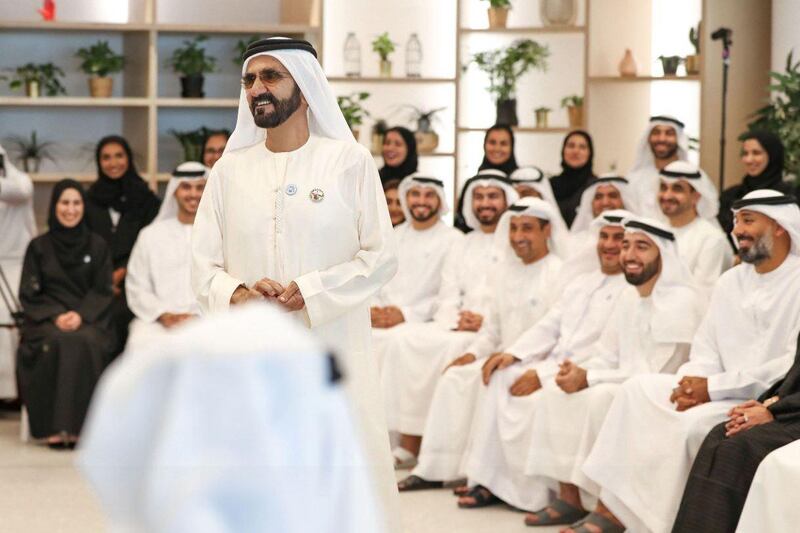 Sheikh Mohammed bin Rashid, Vice President of the UAE and Ruler of Dubai, with his team at a recent brainstorming session. Dubai Media Office
