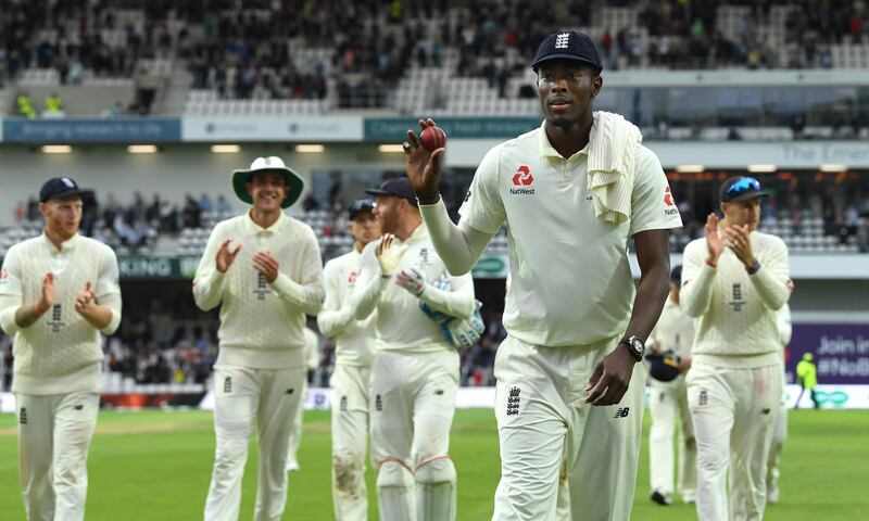 LEEDS, ENGLAND - AUGUST 22: England bowler Jofra Archer leaves the field holding the ball after claiming 6 wickets during day one of the 3rd Ashes Test match between England and Australia at Headingley on August 22, 2019 in Leeds, England. (Photo by Stu Forster/Getty Images)
