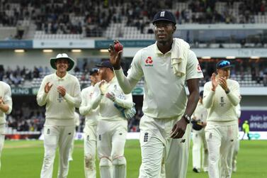 LEEDS, ENGLAND - AUGUST 22: England bowler Jofra Archer leaves the field holding the ball after claiming 6 wickets during day one of the 3rd Ashes Test match between England and Australia at Headingley on August 22, 2019 in Leeds, England. (Photo by Stu Forster/Getty Images)