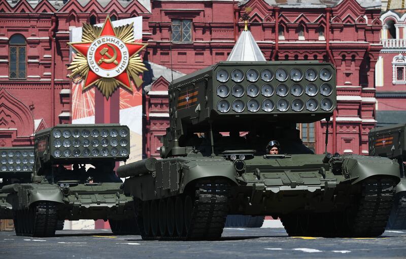 Russia is equipping its elite paratroopers with the TOS-1A, seen here during a Victory Day parade in Red Square. Host photo agency