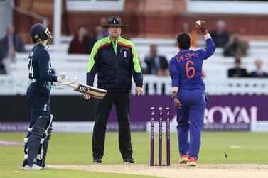 LONDON, ENGLAND - SEPTEMBER 24: Deepti Sharma of India runs out (madkads) Charlie Dean of England to claim victory during the 3rd Royal London ODI between England Women and India Women at Lord's Cricket Ground on September 24, 2022 in London, England. (Photo by Ryan Pierse / Getty Images)