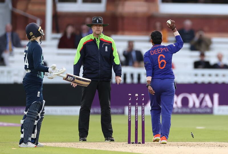 Deepti Sharma of India runs out Charlie Dean of England to claim victory during the third ODI at Lord's. Getty Images