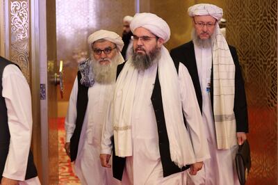 Members of the Taliban delegation at the peace talks with Afghan government in Doha. AFP