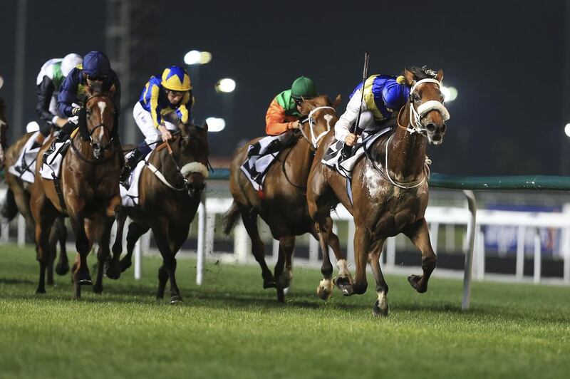 Jockey Christophe Soumillon rides Sanshaawes, right, to a win on March 1 in Al Ain. Sarah Dea / The National



