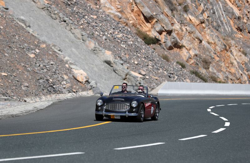 Cars climb Jebel Jais during the first leg.