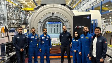 The UAE's astronaut fleet, Sultan Al Neyadi, Hazza Al Mansouri, Nora Al Matrooshi and Mohammed Al Mulla inspect a Lunar Gateway prototype. Salem Al Marri / X