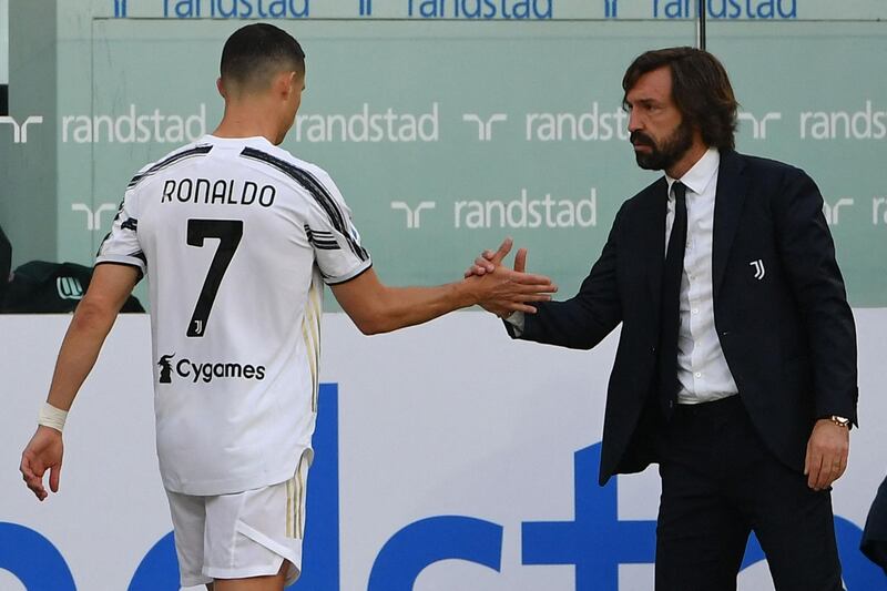 Cristiano Ronaldo shakes hands with Juve manager Andrea Pirlo after being substituted. AFP