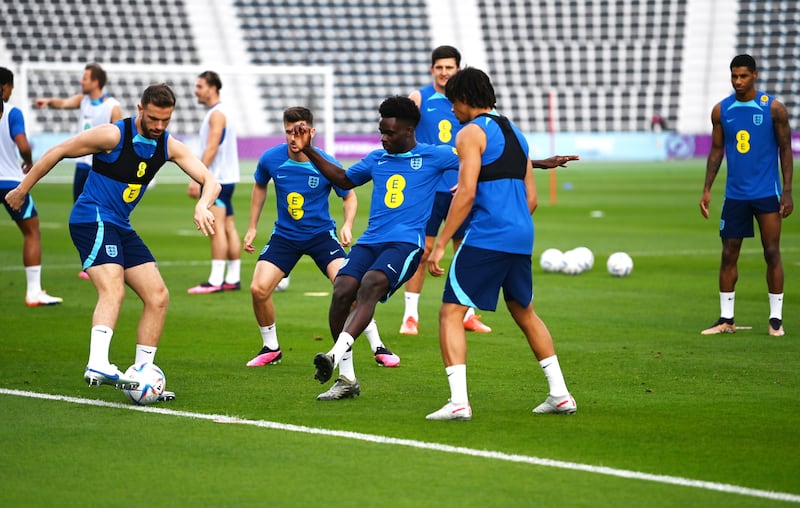 England players train for their World Cup 2022 quarter-final against France. EPA