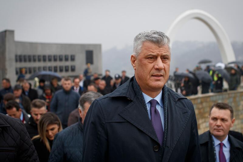 epa08507311 (FILE) - President of the Republic of Kosovo Hashim Thaci (C) visits  a memorial dedicated to the victims of the Recak massacre, in the village of Recak, Kosovo, 10 December 2019 (reissued 24 June 2020). According to reports, The Specialist Prosecutor's Office (SPO) filed a ten-count Indictment with the Kosovo Specialist Chambers (KSC) for the Court's consideration, charging Hashim Thaci, with a range of crimes against humanity and war crimes, including murder, enforced disappearance of persons, persecution, and torture. The Indictment is only an accusation. It is the result of a lengthy investigation and reflects the SPO's determination that it can prove all of the charges beyond a reasonable doubt.  EPA/VALDRIN XHEMAJ