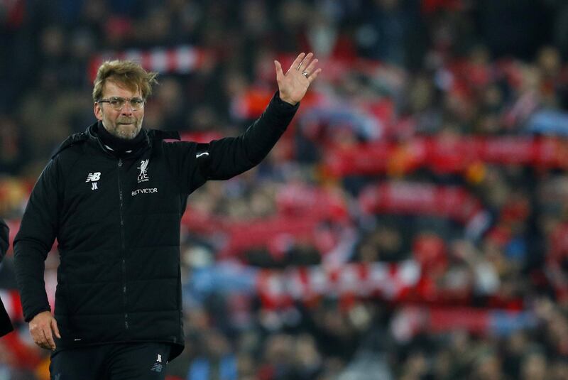 Soccer Football - Premier League - Liverpool vs Manchester City - Anfield, Liverpool, Britain - January 14, 2018   Liverpool manager Juergen Klopp celebrates after the match                   REUTERS/Phil Noble    EDITORIAL USE ONLY. No use with unauthorized audio, video, data, fixture lists, club/league logos or "live" services. Online in-match use limited to 75 images, no video emulation. No use in betting, games or single club/league/player publications.  Please contact your account representative for further details.