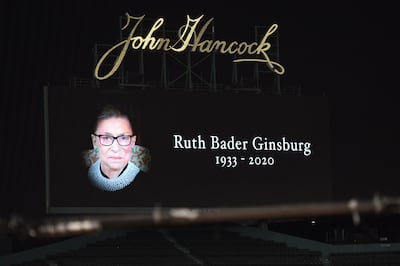 Sep 19, 2020; Boston, Massachusetts, USA;  A tribute in honor of Court Justice Ruth Bader Ginsburg who passed away on Friday September 18th is seen on the center field Jumbotron prior to a game between the Boston Red Sox and New York Yankees at Fenway Park. Mandatory Credit: Bob DeChiara-USA TODAY Sports