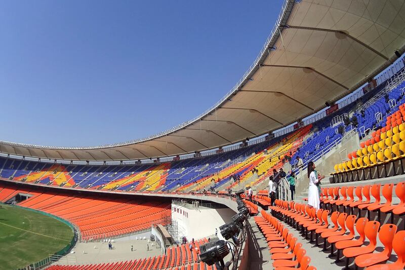 An interior view of the Sardar Patel Stadium is pictured in Motera, on the outskirts of Ahmedabad, on February 21, 2020. - US President Donald Trump will open the world's biggest cricket stadium in India next week, but critics wonder whether it's just another vanity project by Prime Minister Narendra Modi in his home state. (Photo by SAM PANTHAKY / AFP)